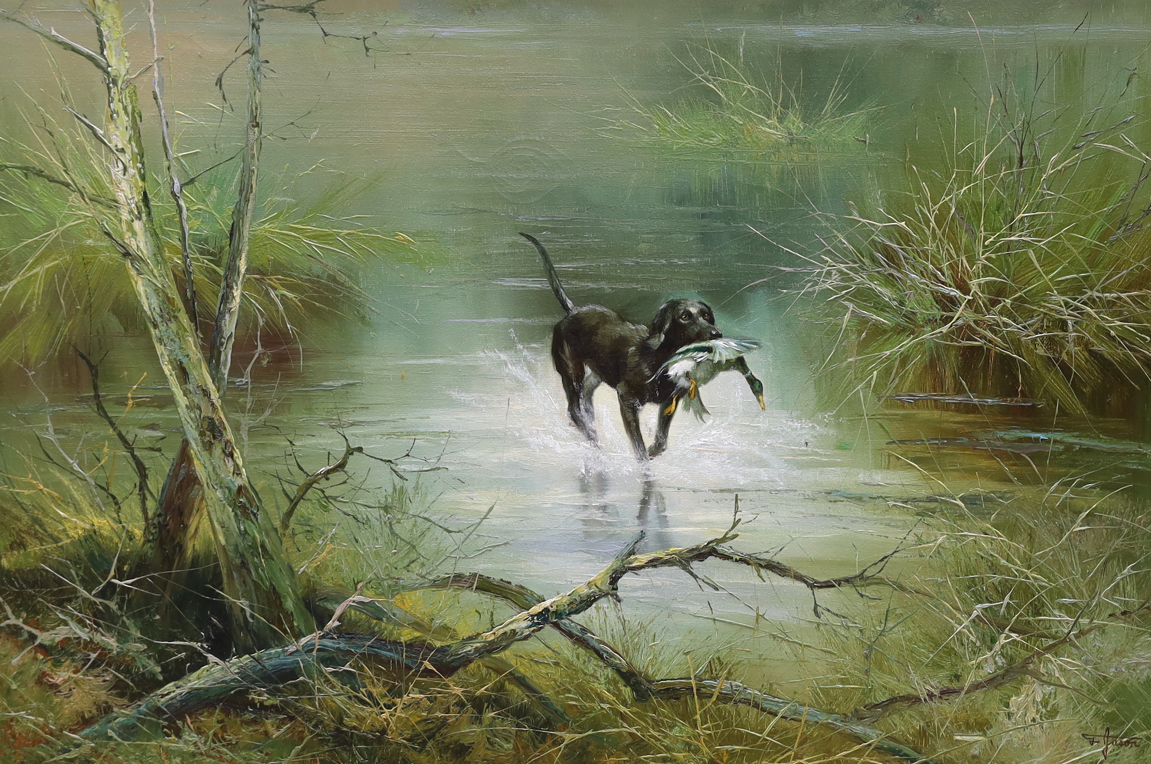 Jason, impressionist oil on canvas, Gun-dog with game, signed, 60 x 91cm